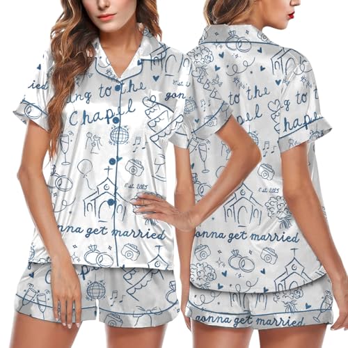 Going To The Chapel Pajama Set Coquette Bachelorette Wedding Bride Short Sleeve Satin Pajama