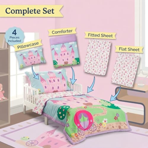 Image of EVERYDAY KIDS 4 Piece Toddler Bedding Set -Princess Storyland- Includes Comforter, Flat Sheet, Fitted Sheet and Reversible Pillowcase