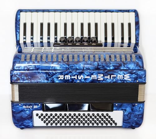 Generic New Weltmeister Achat 80 Piano Accordion made in Germany, 80 Bass buttons, Original New Straps and Case, Keyboard Accordian, Blue Pearloid, Quality Musical Instrument