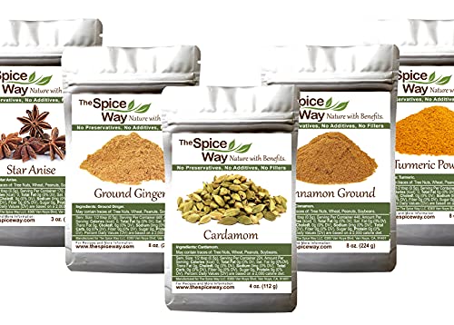 The Spice Way Cardamom Green Pods 4 oz, Cinnamon Ground 8 oz, Turmeric Powder 8 oz, Ginger Powder 8 oz, Star Anise Whole 3 oz Bundle