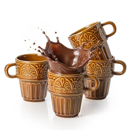 Ceramic Coffee Cups, Coffee Mugs Set of 4, 12 OZ Ceramic Mugs, Stackable Mug, Brown, Microwave & Dishwasher Safe for Hot Drinks Cocoa Latte, Perfect for Daily Use Gathering & All Holiday Gifts