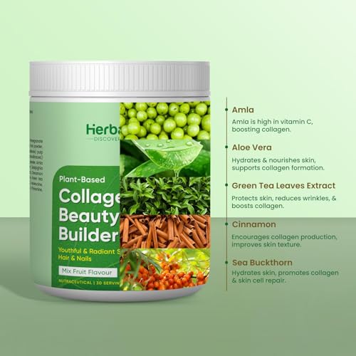 Image of Herbalmax 100% Veg Collagen Beauty Builder 195g Plant-Based Collagen Supplement for Hair, Skin, Nails & Joints | With Vitamin C & E | Mixed Fruit Flavour | Naturally Gluten-Free & No Added Sugar Pack of 3