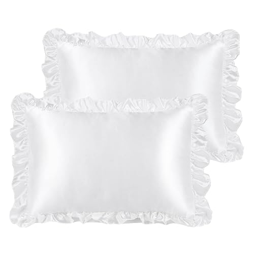 PiccoCasa Kissenbezug Satin Pillowcase 2er Set Kopfkissenbezüge mit rüschen kuschelig Hotelverschluss als Dekokissenbezug für Wohnzimmer Schlafzimmer Sofa Deko Weiß 40x60cm