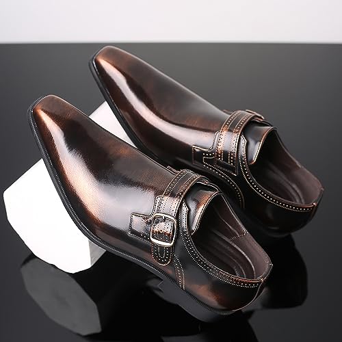 Men's Leather Pointed Toe Dress Shoes,Fashion English Style Adjustable Metal Buckle Hook & Loop Decorate Slip On Block Heel Formal Business Wedding Oxford Shoes Loafer4