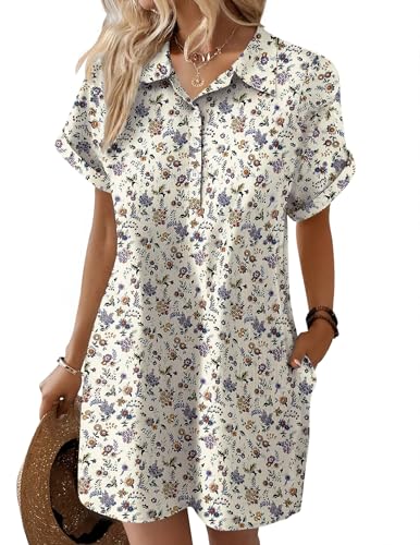 Image of Zeagoo Womens Cotton Shirt Dress Summer Casual Short Sleeve Button Down Beach Cover Up Shirts with Pockets