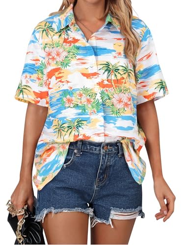 Image of ASTANFY Hawaiian Shirt Women Hawaii T-Shirt Tropical Floral Printed V Neck Shirts Soft Cool Summer Beach Button Up Blouse