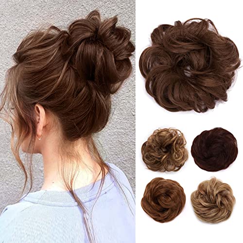 TESS Moño Postizo de Pelo Natural Marrón Claro, Moño Rizado Desordenado 30 g Moños Postizos para Mujeres