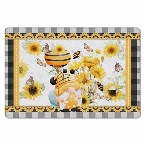 Floral Gnomes Antifatigue Kitchen Bath Door Mat Cushioned Runner Rug,Washable Welcome Floor Sink Mat,Waterproof & Non-Slip Kitchen Standing Doormat,White Summer Bee Spring Eucalyptus Checkered 18