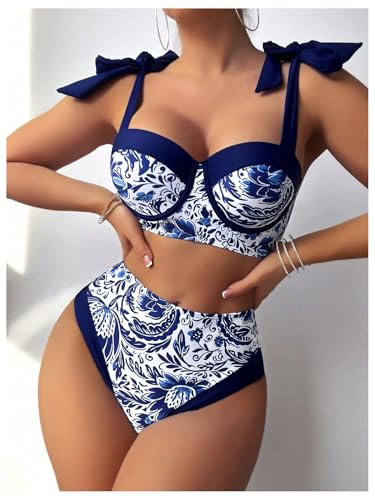 MakeMeChic Women's 2 Piece Bikini Set Floral Print Tie Shoulder Contrast Binding High Waisted Swimsuit Bathing Suit3