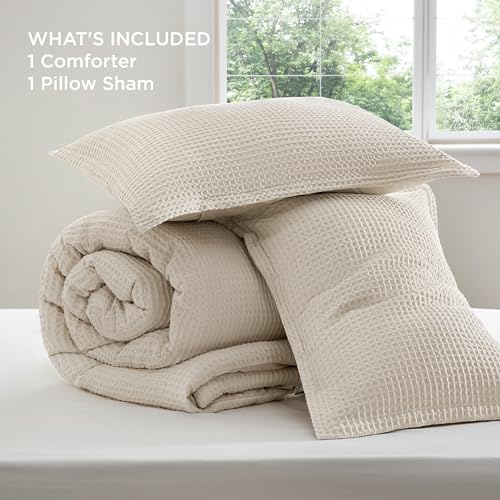 Image of Bedsure Waffle Comforter Set Twin, Beige Soft Bedding, Waffle Weave Bed Set, 2 Pieces, 1 Comforter (68 inchx90 inch) and 1 Pillow Sham, Cotton Shell and Polyester Lining for All Seasons