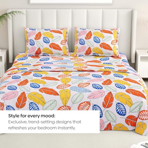 Image of Rivermoor 200 TC Ultrasoft Bedsheet for Double Bed | Queen Size Bed Sheet with 2 Pillow Covers | Floral Leaves Print | 88 x 96 Inches | Breathable & Hypoallergenic