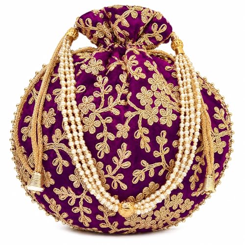 Women's Embroidered Potli Bag with Pearl Handle, Ethnic Bridal Batwa Purse, Drawstring Velvet Handbag for Wedding, Party, Festive & Traditional Wear
