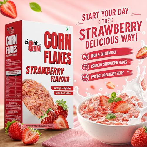 Image of 8:00 AM Corn Flakes Strawberry 300 Gram (Pack Of 3), Golden Corns & Strawberry, No Cholesterol, Trans Fat, Artificial Additives, Iron & Calcium, Crunchy & Nutritious Breakfast Cereal