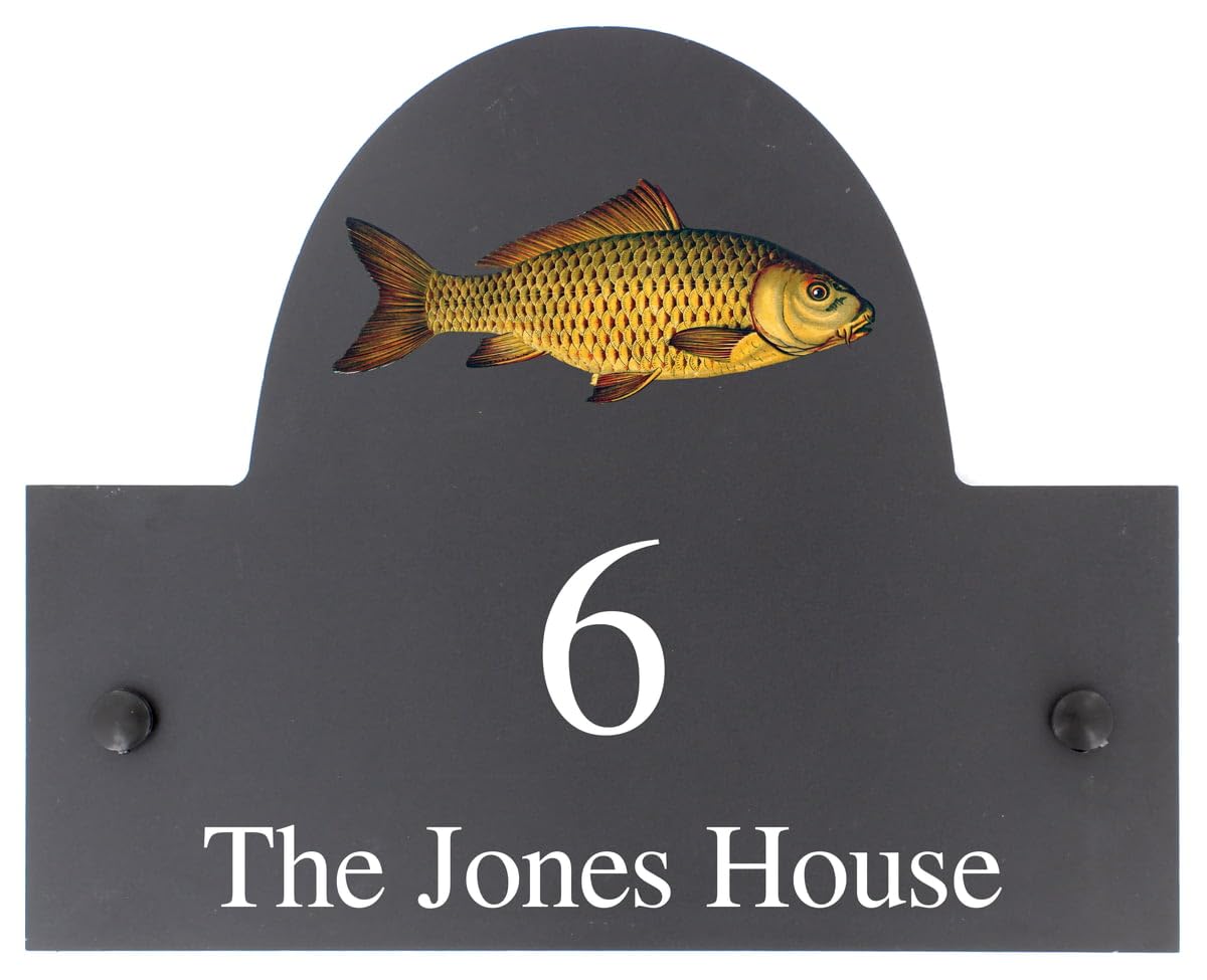 Targa personalizzabile con nome o numero civico in ardesia, motivo carpa, 25 x 20 cm
