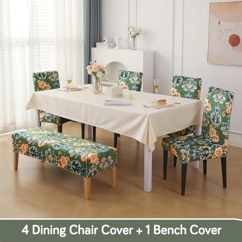 Image of HOKIPO Premium Printed Velvet Dining Chair Cover Set of 4 with 1 Bench Cover, Green Victorian Garden (AR-5799-D4)