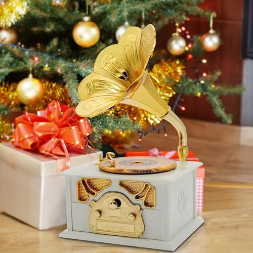 Image of AUGEN Exclusive Music Box Musical 360 rotatable Carousel Children's Wooden Men and Women Birthday Creative Christmas Valentine's Day Gift Home Decoration (Gramophone D)