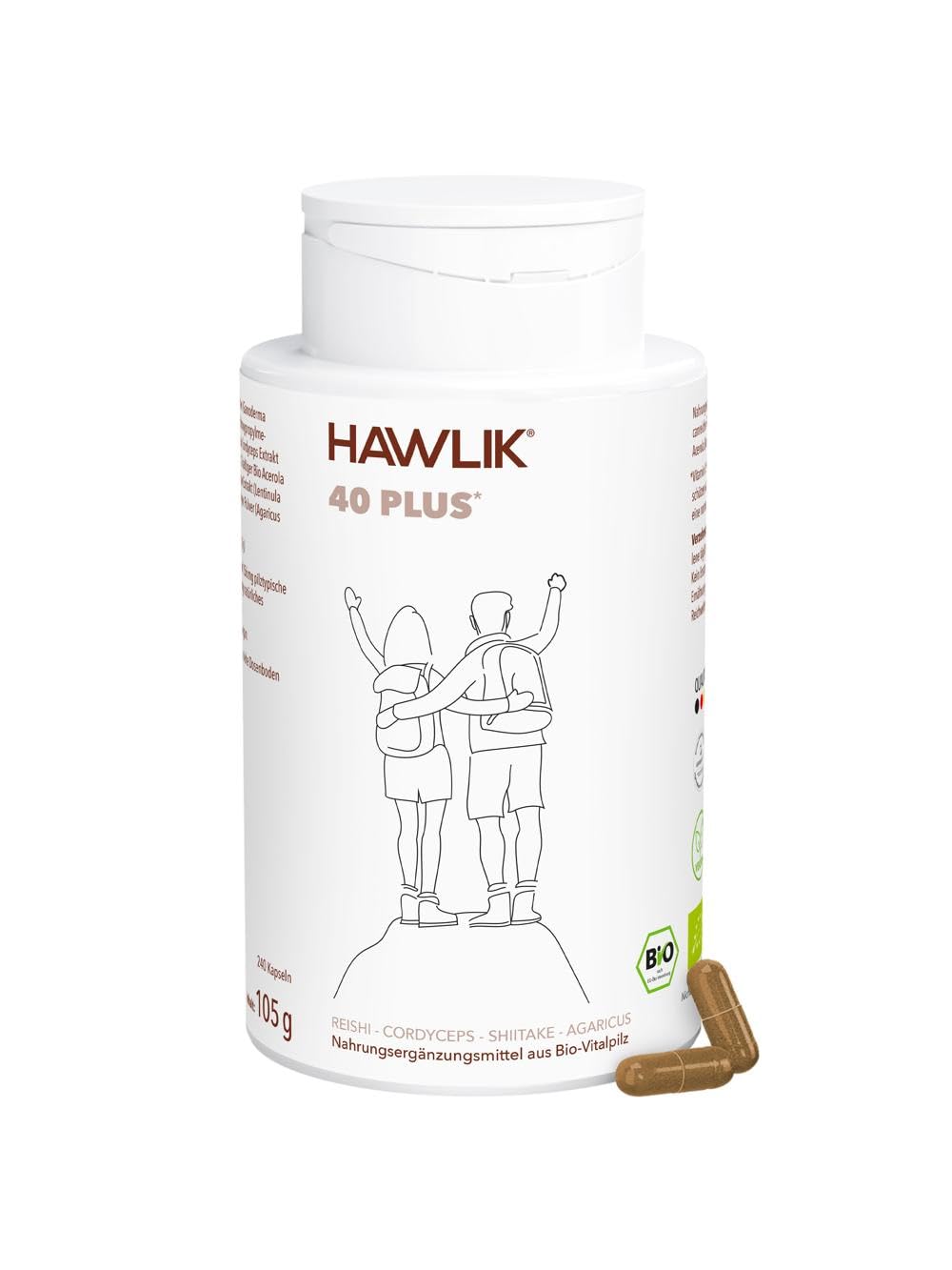 HAWLIK 40-Plus Bio Vitalpilzmischung 240 Kapseln, Mit Vitamin C, Kombination aus Reishi, Cordyceps Sinensis, Shiitake, Agaricus, Natürlicher Anbau, Vegan