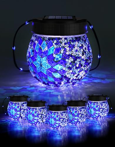 Mosaic Solar Lights Outdoor 6 Pack Solar Hanging Lanterns Christmas Halloween Gifts for Women Mom Grandma Waterproof Glass Globe Lights Garden Patio Decor for Yard Tree Balcony Cold
