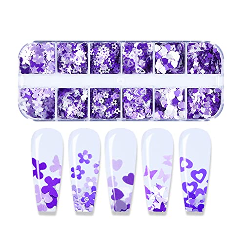 Kachimoo Nail Glitter Sequins,12 Grids Purple Nail Glitter Flakes 3D Butterfly Heart Flowers Nail Sequin Flakes Nail Accessories For Nail Art Decoration #TOP3
