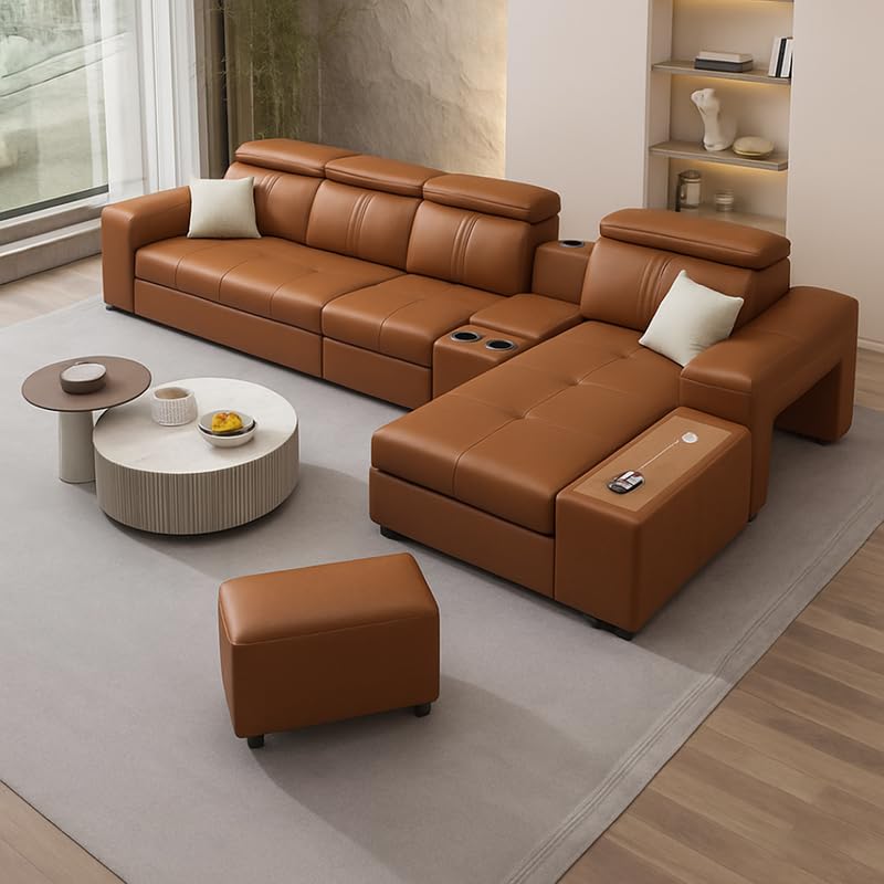 Image of Homax. Nimra Smart L-Shape 7-Seater Sectional Sofa Set with Console, Cup Holders, Charging Station & 2 Ottomans - Premium Leatherette Finish - Brown Color Orientation LHS