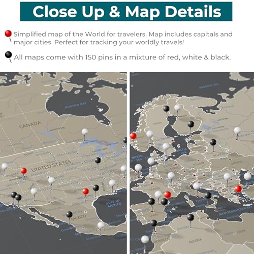 Image of Neutral World Push Pin Map Poster on Canvas - Personalized Travel Tracker Map - Large 24 inch x 36 inch - World Wall Art