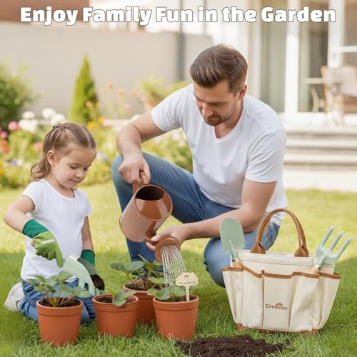 Image of Kids Gardening Set, Quality Gardening Tools Outdoor Toys Set for Kids Toddler, Includes Tote Bag, Gloves, Watering Can, Shovel, Rake, Cultivator, Garden Tool Kit Learning Outdoor Gifts for Boys Girls