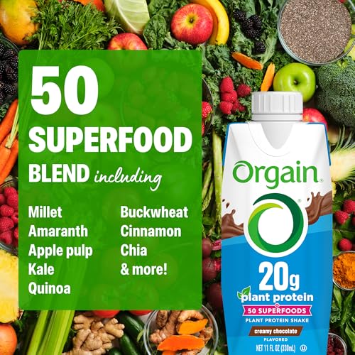 Image of Orgain Vegan Protein Shake,Creamy Chocolate-20g Plant Protein, Ready to Drink,50 Superfoods, 0g Sugar, Gluten Free, No Artificial Sweeteners, No Soy or Dairy Ingredients, 11 Fl Oz (Pack of 12),Bottle