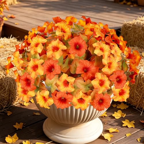 Image of Artificial Fall Flowers for Outdoors, Faux Petunias Autumn Decoration, Fake Flowers Plants UV Resistant Look Real Silk Flowers for Outside Planter Front Door Porch Patio Yard (6, Orange-Yellow)