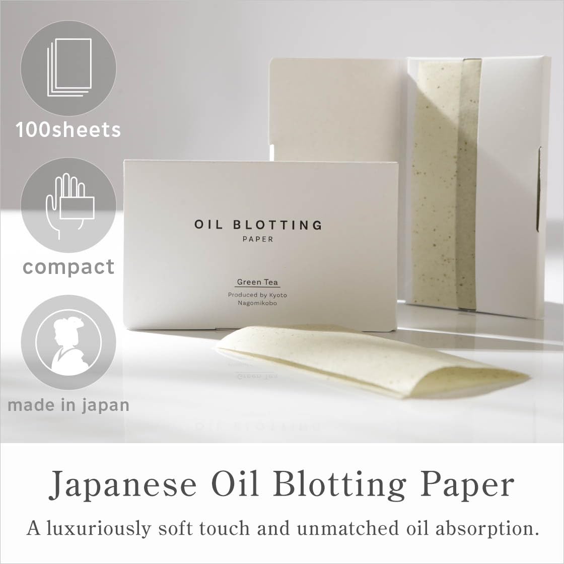 Oil Blotting Paper 100 Sheets,Pack of 2 – Natural Green Tea Facial Tissues with Premium Washi Japanese Paper, Portable Easy Dispensing, Made in Japan, Skin-Care & Makeup Essential Green