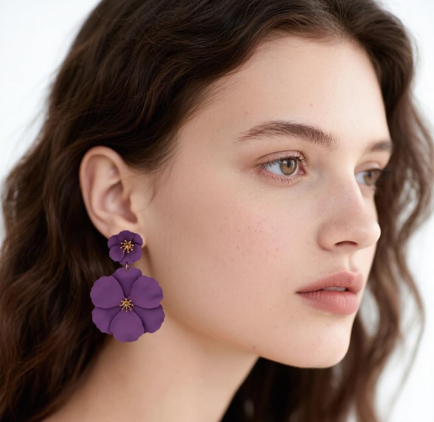 Flower Clip On Earrings - Floral Petal Drop Earrings Statement Hypoallergenic Flower Stud Earring for Women Wedding Jewelry Gifts - Image 3