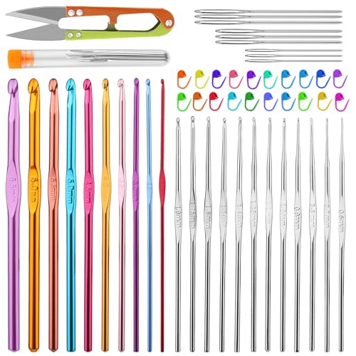 IMZAY Lot de 54 aiguilles à crochet, kit de crochets avec étui de rangement, aiguilles à tricoter ergonomiques, aiguilles émoussées, marqueurs de points, outils d'art pour débutants (vert)