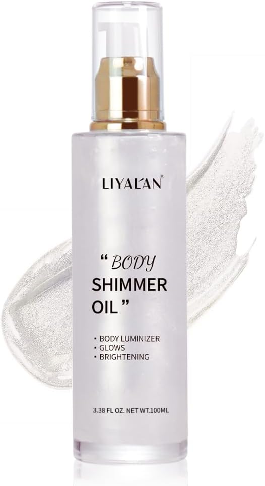 Liyalan Shimmer Body Oil Pearl White 5 Color Bronze Face Brighten Glow Highlighter Illuminator Body Makeup Shine Glitter Gold Liquid Taning (2.8 Fl Oz)