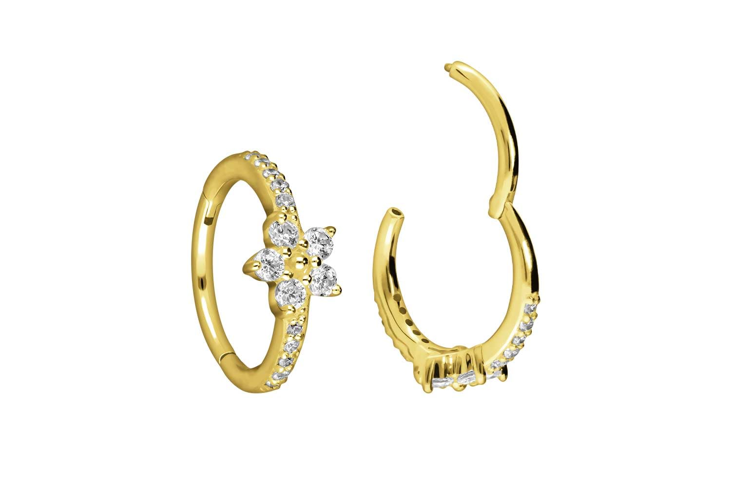 PIERCINGLINE 18 Karat Gold Piercing für Nase, Septum, Ohr, Helix oder Tragus Segmentring Clicker KRISTALLBLUME + EINGEFASSTE Kristalle