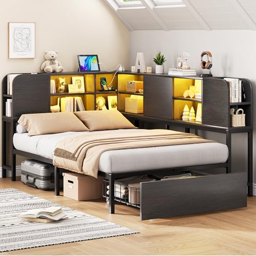 Image of Twin Corner Bed Frame with 2-Tier Bookcase Storage and LED Lights, Adjustable Shelves Corner Bed with Storage Drawers and Charging Station, Twin Daybed for Living Room, Guest Room & Bedroom, Black