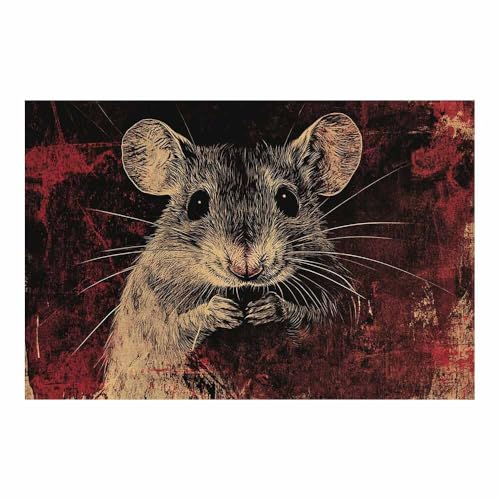 Souris vintage style linogravure affiche animaux rouge déco murale vintage 70x100