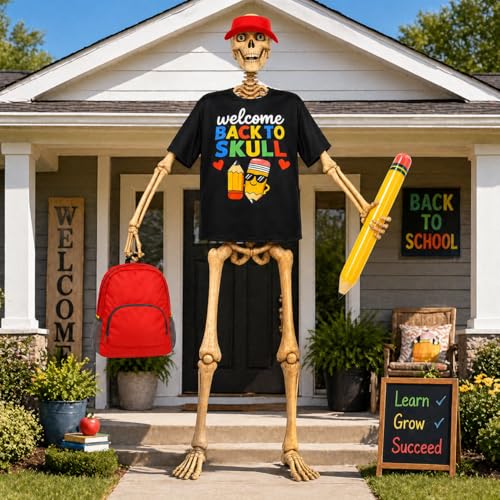 JcHrmers 12 ft Skeleton Outfits Pencil Theme Skeleton Costume Accessories Set T Shirt Large Hat Backpack and Inflatable Pencil for Back to School Garden Lawn Outdoor Decor