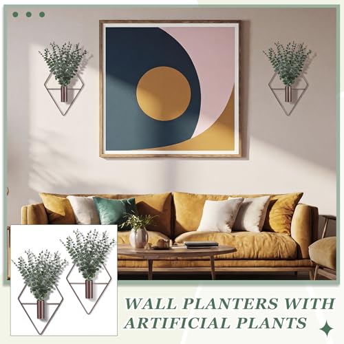Image of Jexine 4 Pcs Hanging Planters with Artificial Eucalyptus Metal Hanging Vase Indoor Plants Holder Modern Geometric Boho Bathroom Wall Decor for Living Room Home Office, Bronze