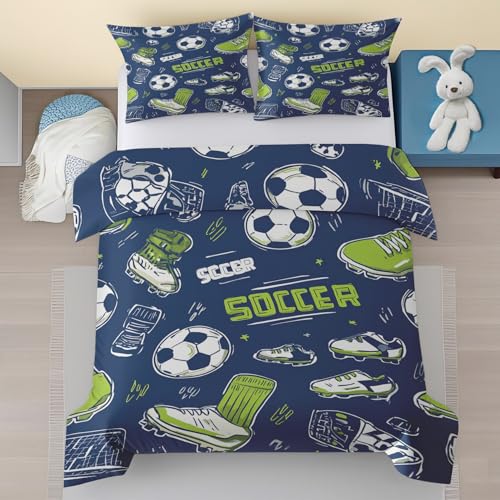 Football Housse de Couette 90x190 Enfant, Sport Garçons Enfants Microfibre Parure de Lit 1 Personne - Bleu Marine Vert Parure de Couette avec Fermeture...