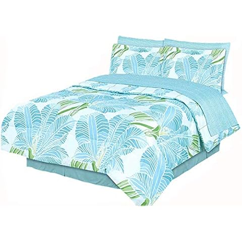 Coastal Paradise Blue Tropical Palm Tree Leaves 8pc Comforter (101" X 86") Bed in A Bag Set Cover