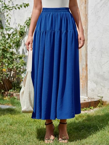 EeYu Tiered Maxi Skirt for Women Summer Elastic Waist A-line Beach Casual Flowy Swing Pleated Long Skirts with Pockets3