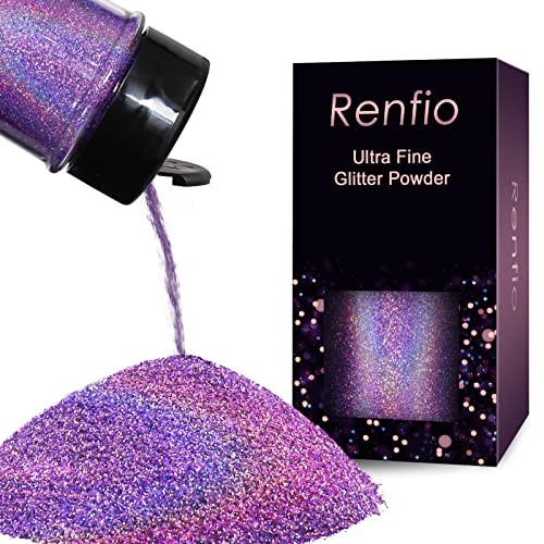 Renfio Polvo holográfico ultra fino con purpurina en polvo de resina metálica, escamas de PET con purpurina para manualidades, limo de 1.7 onzas (50 g), color morado claro con láser