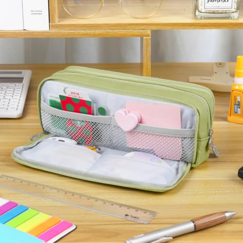 Image of MAMUNU Large Capacity Pencil Case, 3 Compartments Canvas Pencil Pouch with Zipper, Aesthetic Pencil Pen Pouch for School Students Teen Girls Boys, Green
