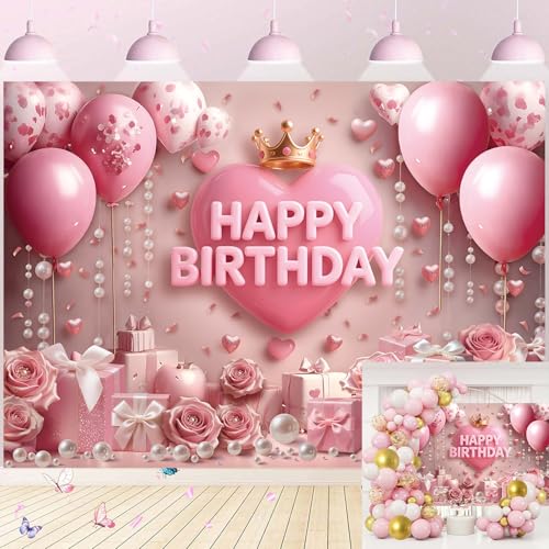 Pink Happy Birthday Backdrop Rose Gold Floral Heart Crown Balloon Elegant Photography Background Girls Princess Women Birthday Baby Shower Party Decor Banner Photo Supplies (7x5FT)