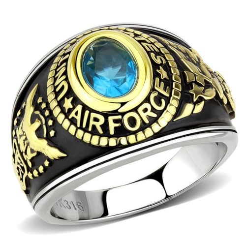 Men's US Air Force Military Ring, Blue Crystal Stone, Gold-Tone and Black Stainless Steel