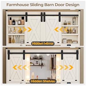 Hasuit farmhouse vanity desk with mirror and lights white makeup dressing vanity table with charging station rustic country vanity mirror with sliding barn door 3 lighting modes adjustable  urban country home decor