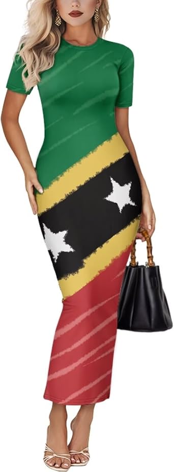 Jamaican Flag Print Jamaica Dress for Women Summer Short Sleeve Bodycon Maxi Dress Crewneck Pencil Long Sundress