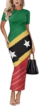 Jamaican Flag Print Jamaica Dress for Women Summer Short Sleeve Bodycon Maxi Dress Crewneck Pencil Long Sundress