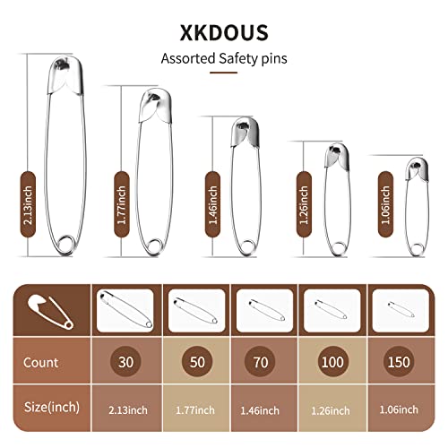 Image of XKDOUS 400 Pack Safety Pins, 5 Universal Sizes Heavy Duty Pins for Clothes | Small & Large Safety Pin Bulk, Silver Sharp Edge Fasteners for Clothing, Dress, Crafting