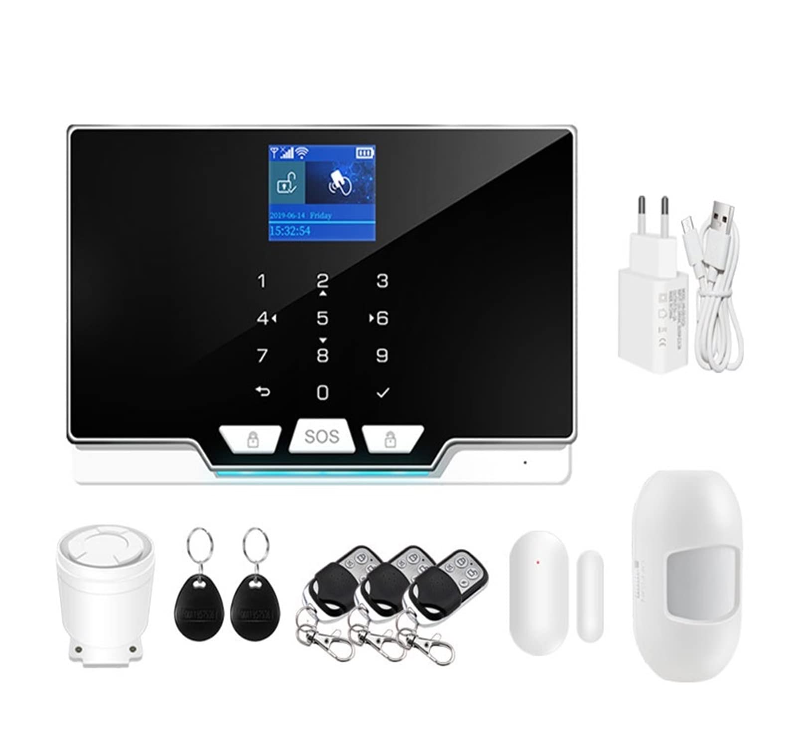 Kit Alarma Casa, Tuya Wifi GSM Sistema de alarma de seguridad for ladrones de hogares Rfid tft Touch Keyboard 11 Voces Compatible Smart Life(A)