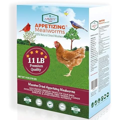 Amzey Dried Mealworms 11 LBS - 100% Natural for Chicken Feed, Bird Food, Fish Food, Turtle Food, Duck Food, Reptile Food, Non-GMO, No Preservatives, High Protein and Nutrition Cover